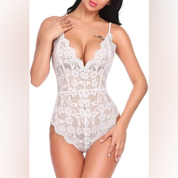 New White Open Panel Mid Section Snap Closure Bodysuit Teddy Sz S - Picture 3 of 7